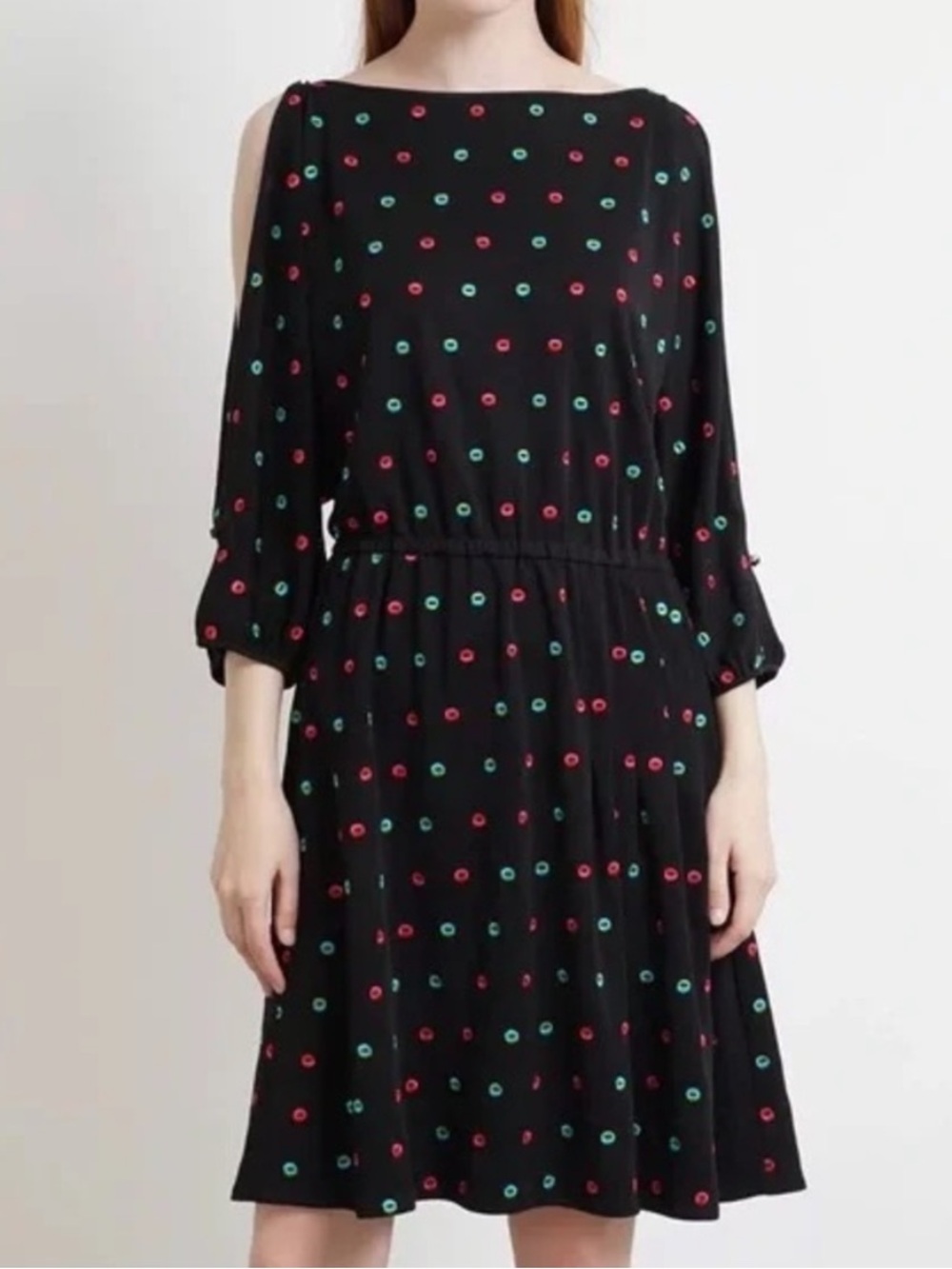 Marc Jacobs Small Cold Shoulder Embroidered Midi Dress Black Polka Dot Colorful